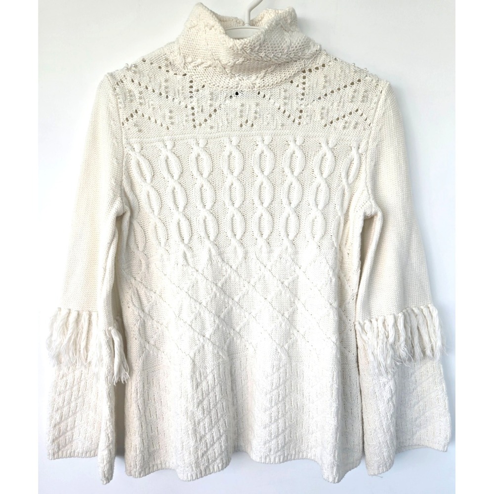 White House Black Market Sweater Bell Sleeves Cable Knit Tassle Pearl Beaded XS